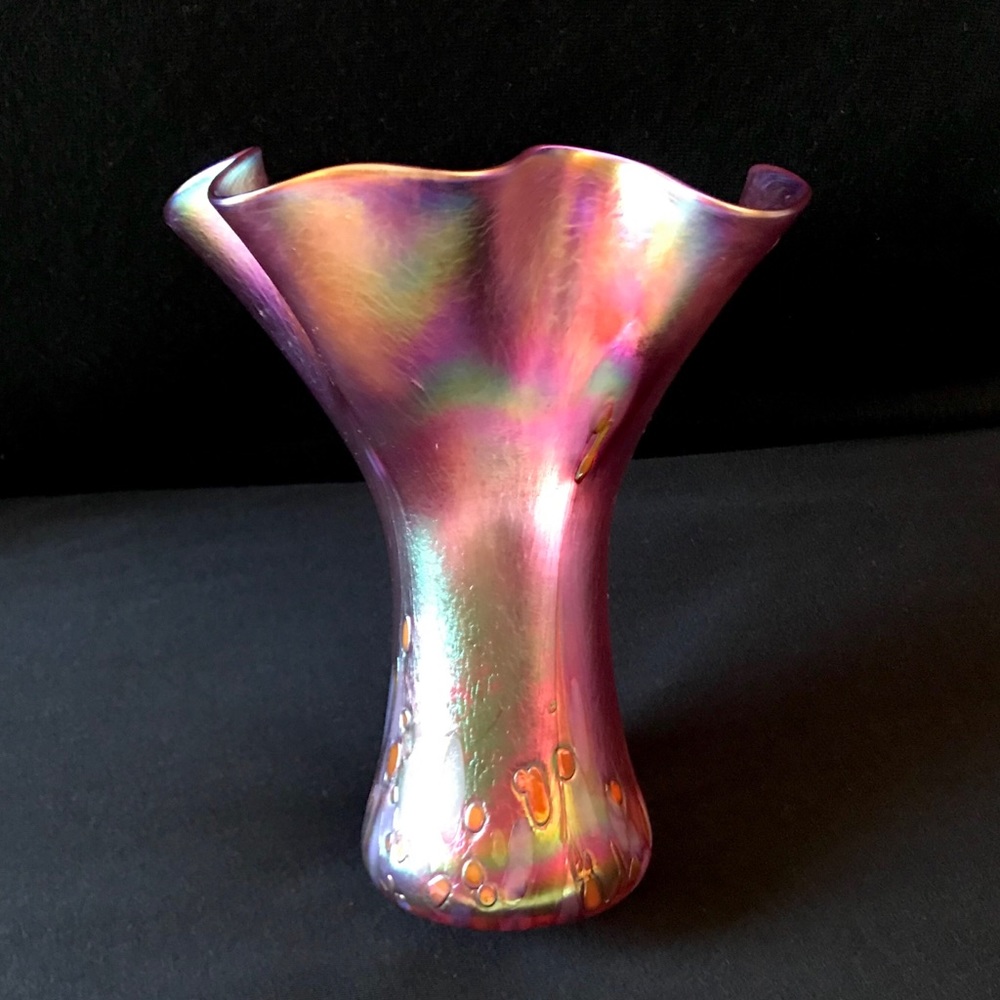 Blown Glass Vase Handmade Pink Rainbow Curve